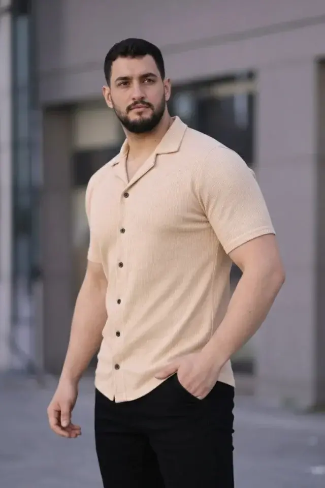 Erkek Waffle Kumaş Kısa Kollu Düğmeli Açık Yaka Regular Fit Gömlek - Bej-2