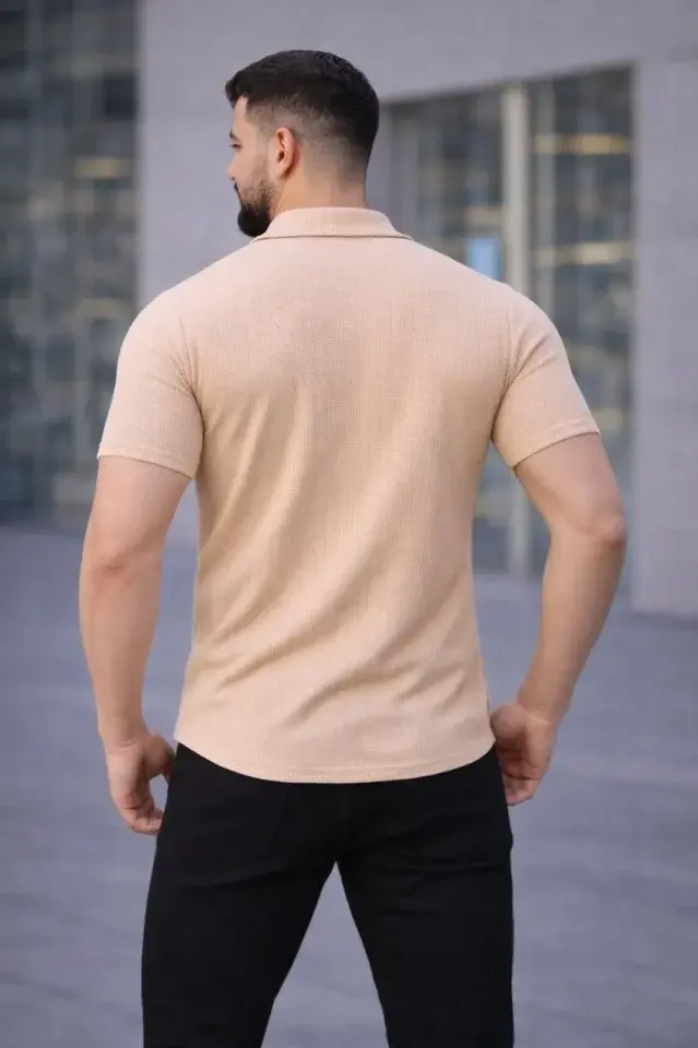 Erkek Waffle Kumaş Kısa Kollu Düğmeli Açık Yaka Regular Fit Gömlek - Bej-4