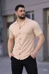 Erkek Waffle Kumaş Kısa Kollu Düğmeli Açık Yaka Regular Fit Gömlek - Bej-1