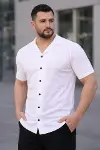 Erkek Waffle Kumaş Kısa Kollu Düğmeli Açık Yaka Regular Fit Gömlek - Beyaz-4