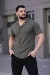 Erkek Waffle Kumaş Kısa Kollu Düğmeli Açık Yaka Regular Fit Gömlek - Haki-1