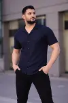 Erkek Waffle Kumaş Kısa Kollu Düğmeli Açık Yaka Regular Fit Gömlek - Lacivert-4