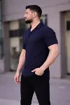 Erkek Waffle Kumaş Kısa Kollu Düğmeli Açık Yaka Regular Fit Gömlek - Lacivert-1