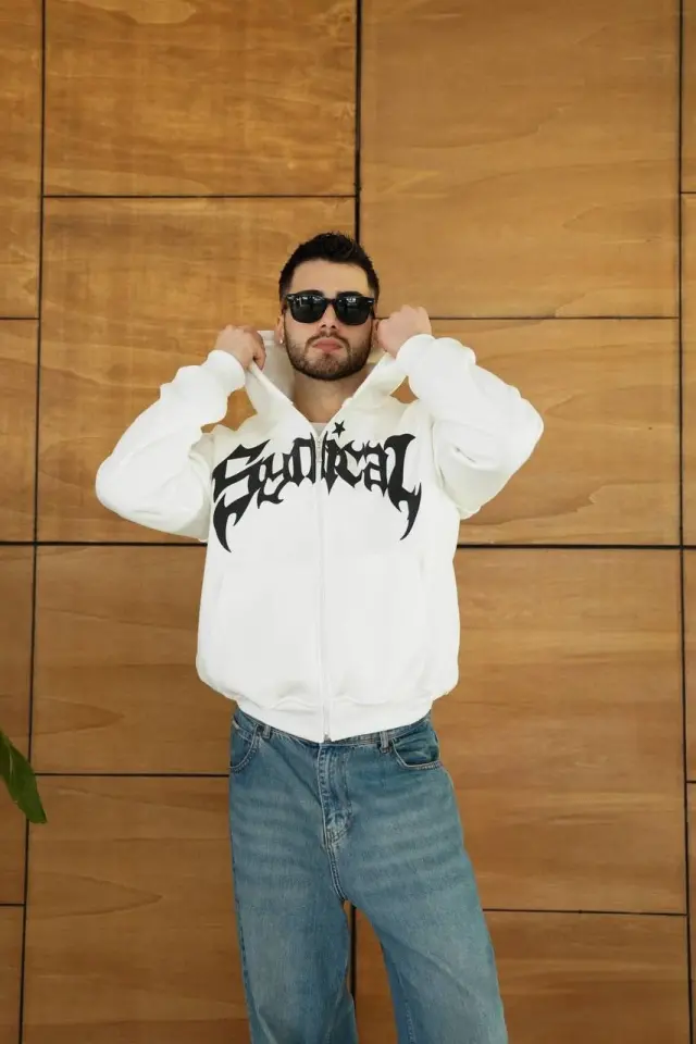 Erkek Kapüşonlu Sweatshirt Hoodie 3 İplik Şardonlu Pamuklu Kumaş, Önü Baskılı, Fermuarlı Rahat Kalıp, Kışlık Ve Sokak Stili Sweat - Beyaz