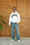Erkek Kapüşonlu Sweatshirt Hoodie 3 İplik Şardonlu Pamuklu Kumaş, Önü Baskılı, Fermuarlı Rahat Kalıp, Kışlık Ve Sokak Stili Sweat - Beyaz-4