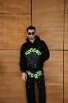 Erkek Kapüşonlu Eşofman Takım Örümcek Ağı Ve Neon Yeşil Baskılı Kanguru Cepli Oversize Rahat Kalıp, Premium Üç İplik Kumaş - Siyah-3