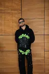 Erkek Kapüşonlu Eşofman Takım Örümcek Ağı Ve Neon Yeşil Baskılı Kanguru Cepli Oversize Rahat Kalıp, Premium Üç İplik Kumaş - Siyah-4