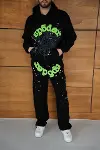 Erkek Kapüşonlu Eşofman Takım Örümcek Ağı Ve Neon Yeşil Baskılı Kanguru Cepli Oversize Rahat Kalıp, Premium Üç İplik Kumaş - Siyah-1