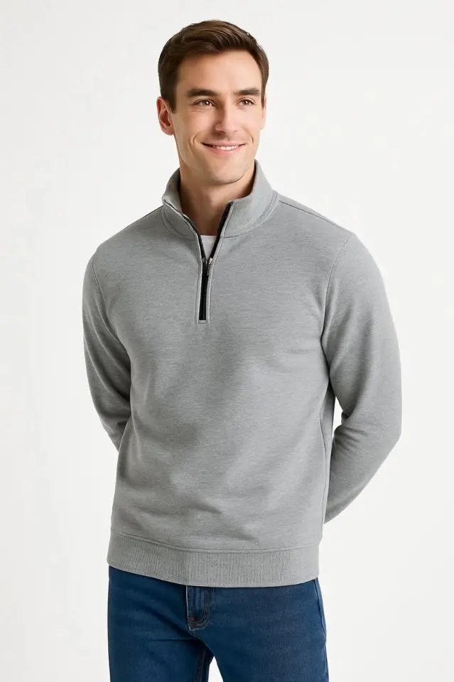 Erkek Dik Yaka Sweatshirt Dik Yaka Yarım Fermuarlı 3 İplik Şardonlu Pamuk Kumaş - Gri