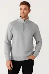 Erkek Dik Yaka Sweatshirt Dik Yaka Yarım Fermuarlı 3 İplik Şardonlu Pamuk Kumaş - Gri-3