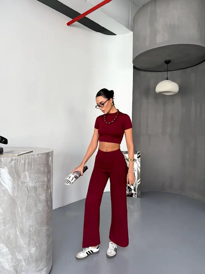 Osy Modal Yumuşak Dokulu Kumaş Kısa Kollu Crop Alt Ispanyol Paça Pantalon Ikili Takım - Bordo