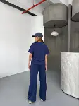 Osy Modal Yumuşak Dokulu Kumaş Kısa Kollu Bluz Rahat Pantalon Ikili Takım- Lacivert-2