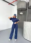Osy Modal Yumuşak Dokulu Kumaş Kısa Kollu Bluz Rahat Pantalon Ikili Takım- Lacivert-3