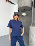 Osy Modal Yumuşak Dokulu Kumaş Kısa Kollu Bluz Rahat Pantalon Ikili Takım- Lacivert-4