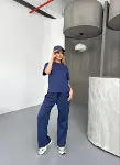 Osy Modal Yumuşak Dokulu Kumaş Kısa Kollu Bluz Rahat Pantalon Ikili Takım- Lacivert-1