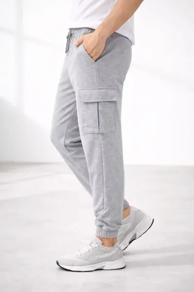 Erkek Jogger Eşofman Altı Regular Fit , Kargo Cepli, Lastikli Paça, Günlük Spor Pantolon - Gri