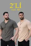 Erkek Waffle Dokuma Açık Yakalı Düğmeli Regular Kalıp 2’li Gömlek Seti - Haki - Bej-1