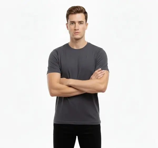 Erkek T-Shirt Bisiklet Yaka Slim Fit Dar Kesim Likralı Tişört Günlük Basic Body - Füme
