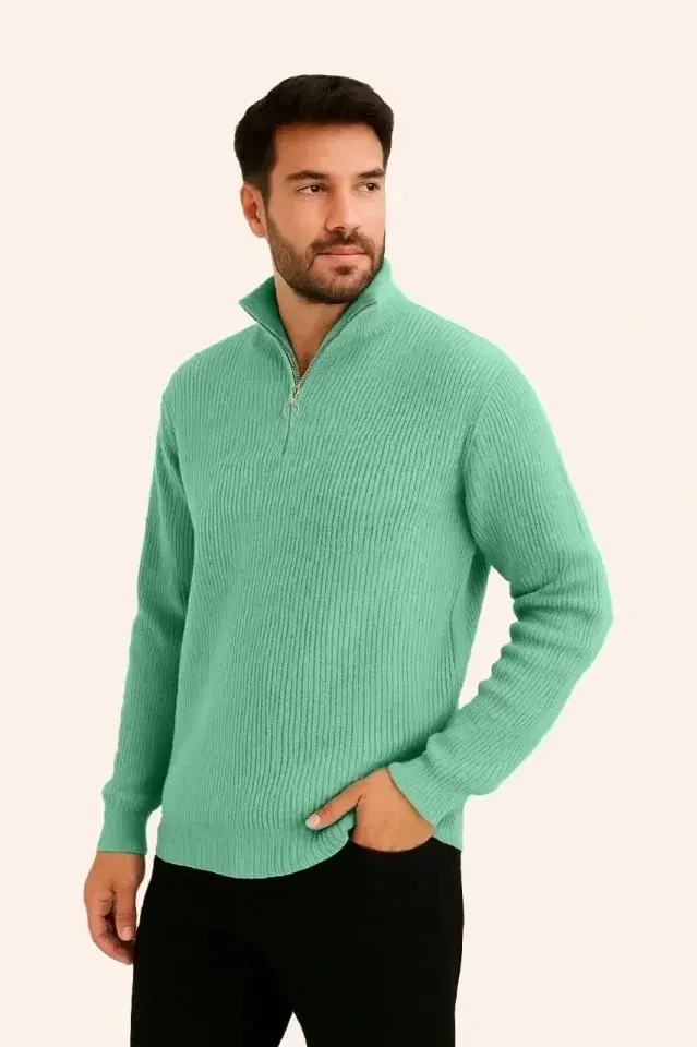 Erkek Fitilli Triko Kazak 3’lü Set – Mint Yeşili, Siyah, Bej Kalın Dokuma Pamuklu Regular Fit V Yaka Fermuarlı Uzun Kollu Rahat Kışlık Kazak Kombini-3