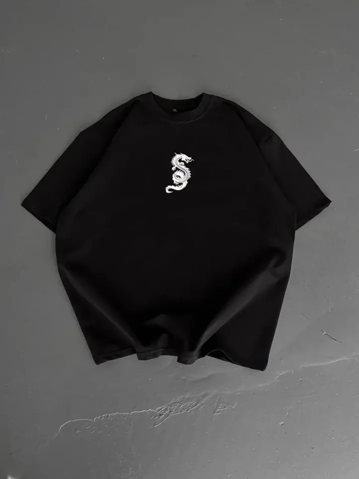 Baskılı Oversize Bisiklet Yaka T-shirt - Siyah