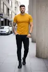 Erkek T-Shirt Bisiklet Yaka Slim Fit Dar Kesim Likralı Tişört Günlük Basic Body - Limon-2
