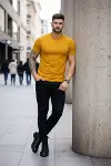 Erkek T-Shirt Bisiklet Yaka Slim Fit Dar Kesim Likralı Tişört Günlük Basic Body - Limon-3
