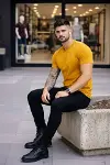 Erkek T-Shirt Bisiklet Yaka Slim Fit Dar Kesim Likralı Tişört Günlük Basic Body - Limon-4