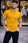 Erkek T-Shirt Bisiklet Yaka Slim Fit Dar Kesim Likralı Tişört Günlük Basic Body - Limon-1