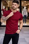 Erkek T-Shirt Bisiklet Yaka Slim Fit Dar Kesim Likralı Tişört Günlük Basic Body - Bordo-3
