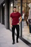Erkek T-Shirt Bisiklet Yaka Slim Fit Dar Kesim Likralı Tişört Günlük Basic Body - Bordo-4