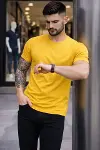 Erkek T-Shirt Bisiklet Yaka Slim Fit Dar Kesim Likralı Tişört Günlük Basic Body - Sarı-2
