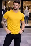 Erkek T-Shirt Bisiklet Yaka Slim Fit Dar Kesim Likralı Tişört Günlük Basic Body - Sarı-4
