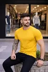 Erkek T-Shirt Bisiklet Yaka Slim Fit Dar Kesim Likralı Tişört Günlük Basic Body - Sarı-1