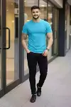 Erkek T-Shirt Bisiklet Yaka Slim Fit Dar Kesim Likralı Tişört Günlük Basic Body - Açık Mavi-2