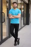 Erkek T-Shirt Bisiklet Yaka Slim Fit Dar Kesim Likralı Tişört Günlük Basic Body - Açık Mavi-3