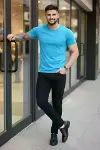 Erkek T-Shirt Bisiklet Yaka Slim Fit Dar Kesim Likralı Tişört Günlük Basic Body - Açık Mavi-4