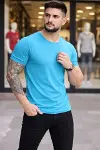 Erkek T-Shirt Bisiklet Yaka Slim Fit Dar Kesim Likralı Tişört Günlük Basic Body - Açık Mavi-1