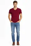 Erkek T-Shirt V Yaka Slim Fit Dar Kesim Likralı Tişört Günlük Basic Body - Bordo-2