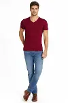 Erkek T-Shirt V Yaka Slim Fit Dar Kesim Likralı Tişört Günlük Basic Body - Bordo-3