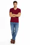Erkek T-Shirt V Yaka Slim Fit Dar Kesim Likralı Tişört Günlük Basic Body - Bordo-4
