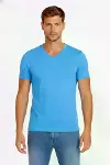 Erkek T-Shirt V Yaka Slim Fit Dar Kesim Likralı Tişört Günlük Basic Body - Açık Mavi-3