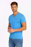 Erkek T-Shirt V Yaka Slim Fit Dar Kesim Likralı Tişört Günlük Basic Body - Açık Mavi-4