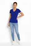 T-Shirt V Yaka Slim Fit Likralı Tişört Günlük Basic Body - İndigo-2
