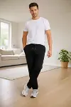 Erkek Düz Paça Beli Lastikli İpli Günlük Spor Eşofman Altı Rahat Fit - Siyah-4