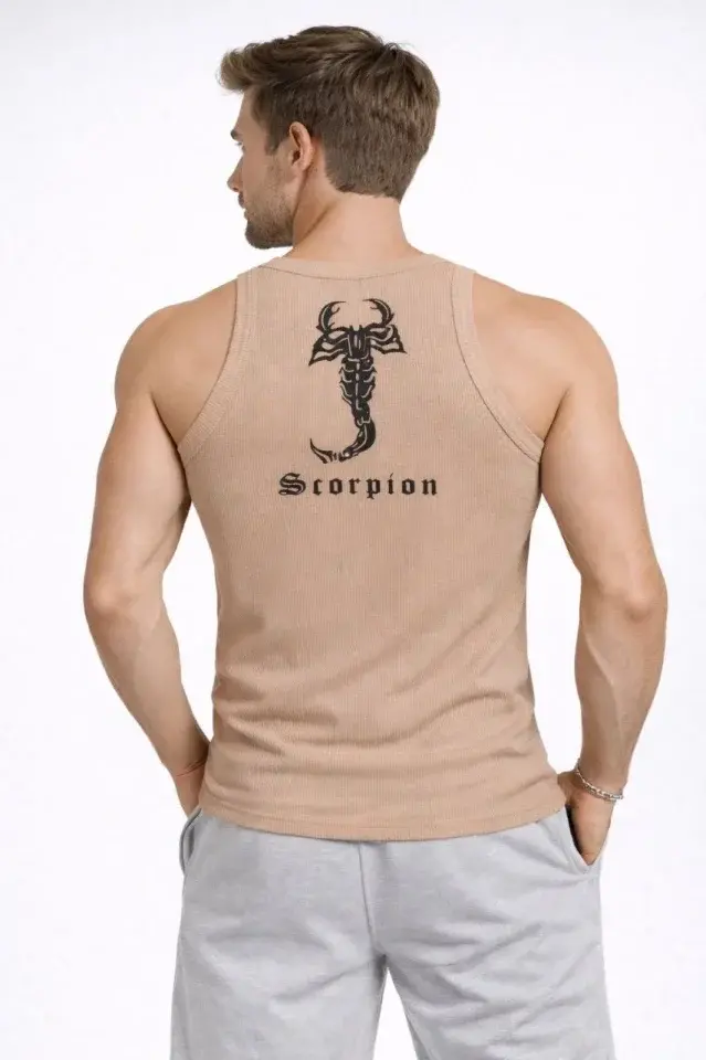 Erkek Fitilli Atlet Sıfır Yaka Slim Fit Arka Baskılı Spor Atlet - Bej