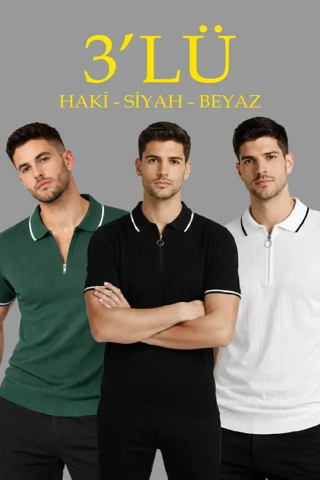 Erkek 3’lü Paket Dokuma Triko&nbsp; Fermuarlı Yakalı Fitilli Kısa Kollu Regular Fit Tişört - Beyaz, Haki, Siyah