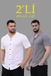 Erkek Waffle Dokuma Açık Yakalı Düğmeli Regular Kalıp 2’li Gömlek Seti - Beyaz - Gri-1