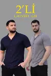 Erkek Waffle Dokuma Açık Yakalı Düğmeli Regular Kalıp 2’li Gömlek Seti - Lacivert - Gri-1