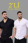 Erkek Waffle Dokuma Açık Yakalı Düğmeli Regular Kalıp 2’li Gömlek Seti - Siyah - Beyaz-1