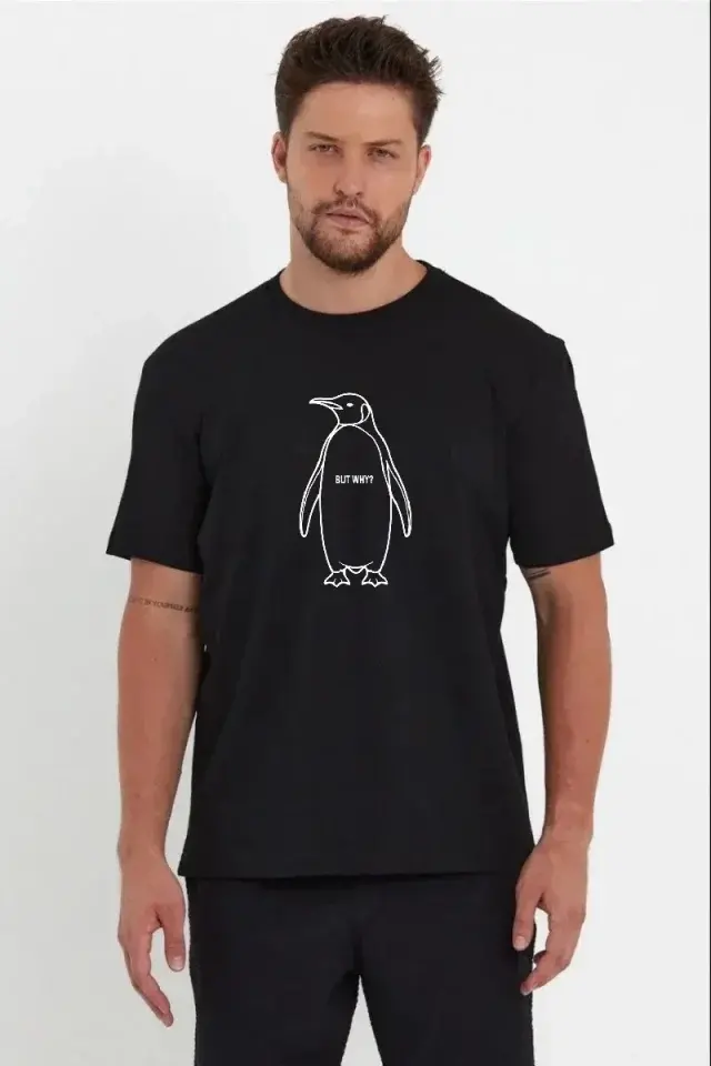 Erkek Nihilist Penguen Özel Tasarım Oversize Bisiklet Yaka Tişört - Siyah